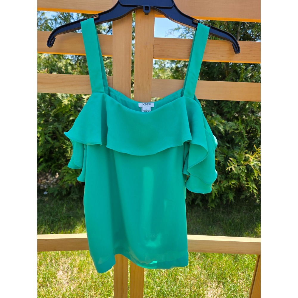 Women's sz 4‎ J.Crew Emerald Green Cold Shoulder Ruffle Crepe Blouse Top